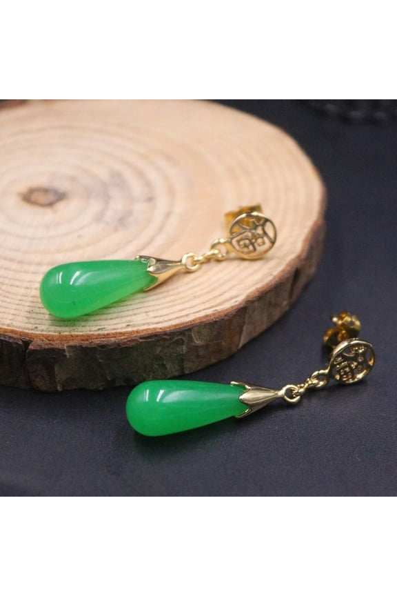 Best GP Alloy Jade Chalcedony Stud Women Lucky Fu Green Drop Dangle Earrings