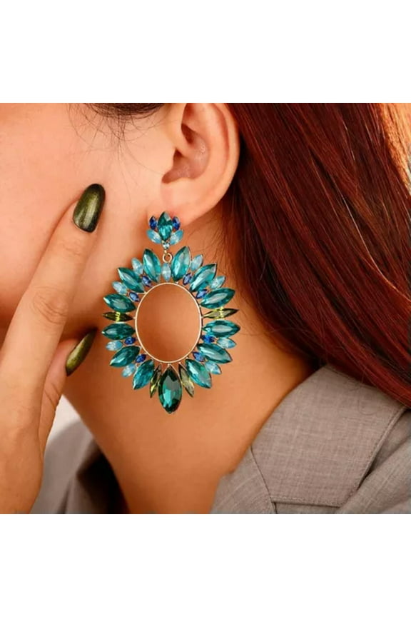 Big Green Hoop Earrings Statement Huge Gold Tone Oversized Rhinestones 3" Long