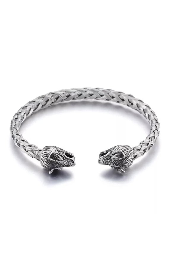 Biker Stainless steel Double Wolf Cuff Bangle Wire Chain Bracelet For Men Silver