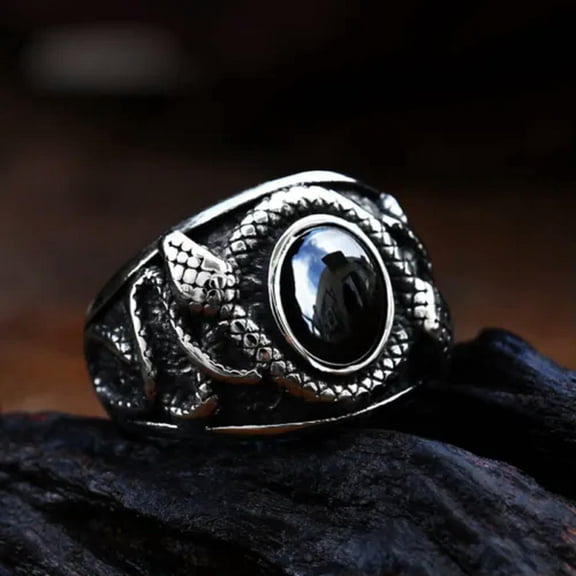 HOOUN Black CZ Double Snake Signet Ring Stainless Steel Men's Vintage Biker Punk Ring-7