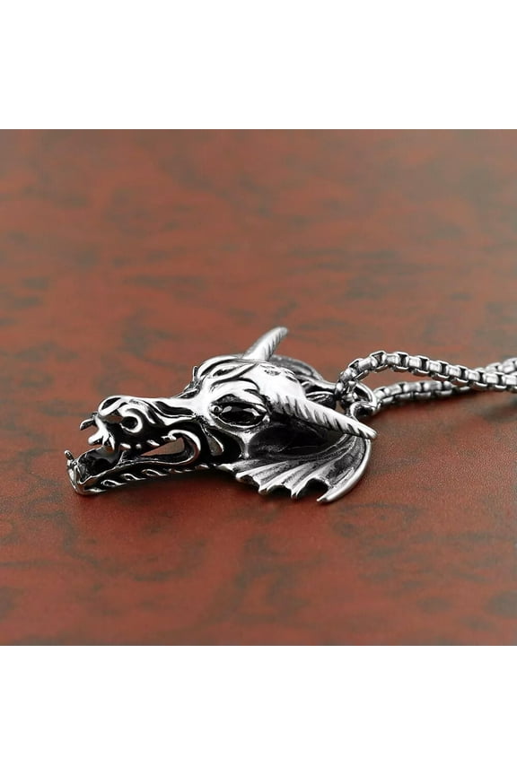 Black CZ Eye Horn Wings Dragon Pendant Stainless Steel Men Gothic Biker Necklace