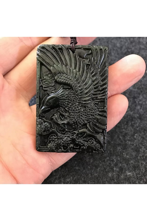 Black Dark Green Jade Pendant Carved powerful Eagle Charm Jewelry For Men