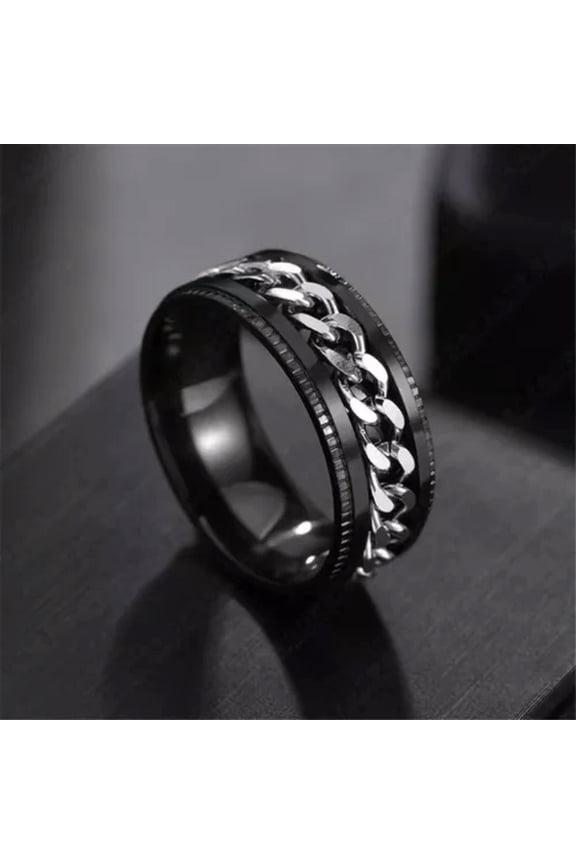 Black Grooved Edge Cuban Link Spinning Band Ring Stainless Steel Jewelry Gift-11