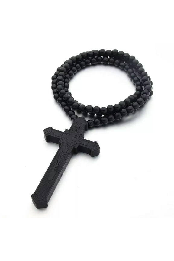 Black Jesus Crucifix Cross Pedant Wood Necklace Men's Jewelry Ball Chain Gift
