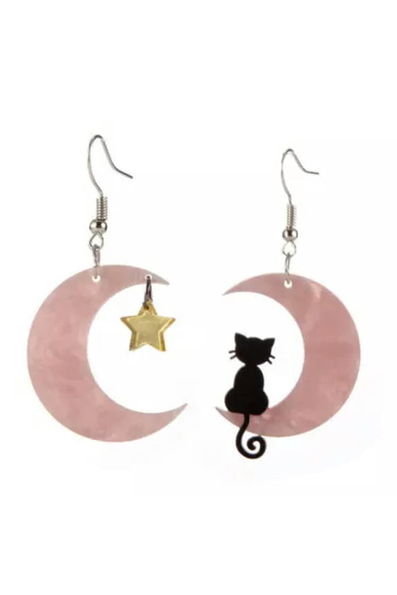 Black Moon Crow Wolf Earrings Drop Dangle Witch Pagan Earrings Gothic Jewelry-4#Pink moon star cat earrings