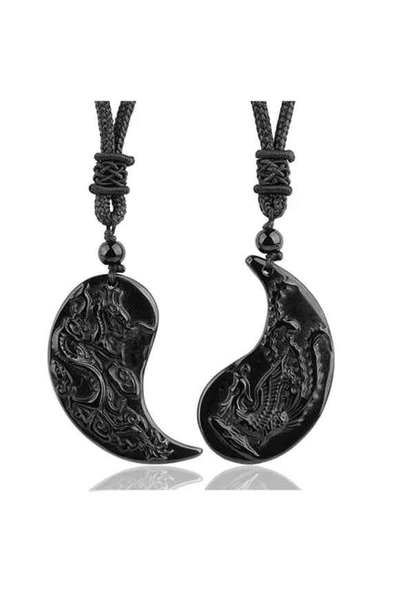 Black Obsidian Dragon and Phoenix Necklace YinYang Necklace for Couples Amulet
