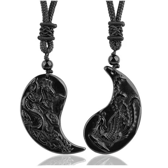 HOOUN Black Obsidian Dragon and Phoenix Necklace YinYang Necklace for Couples Amulet