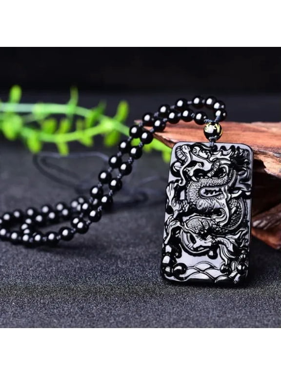 Black Obsidian Stone Necklace Carved Dragon Lucky Amulet Healing Jewelry
