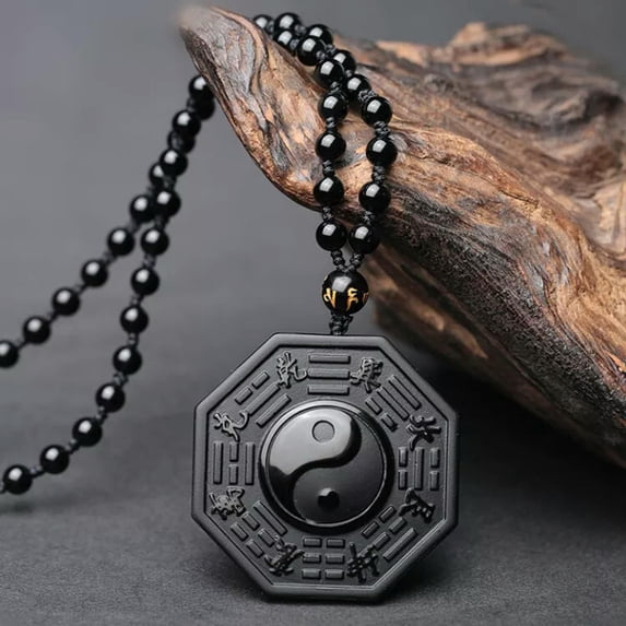 HOOUN Black Obsidian Yin Yang Necklace Pendant Chinese BAGUA Men's Women's Jewelry
