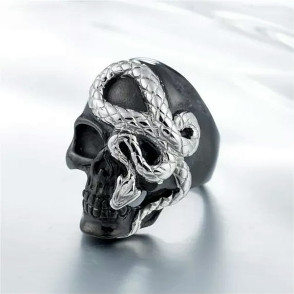 HOOUN Black Skull With Silver Snake Ring Stainless Steel Men's Gothic Biker Punk Ring-11