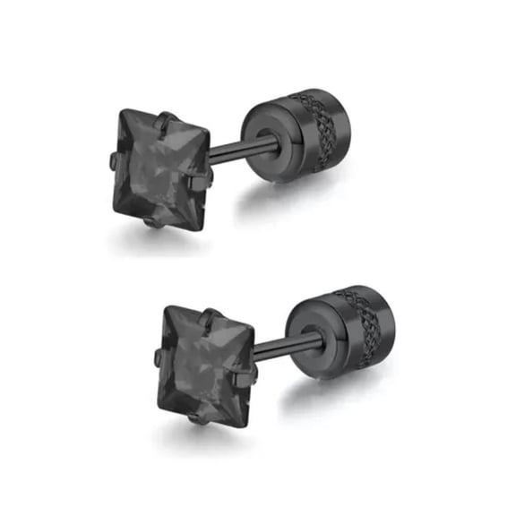HOOUN Black Square CZ Screw Back Ear Stud Surgical Steel Earrings For Women Men 2Pcs-3/4/5mm (3 pairs)
