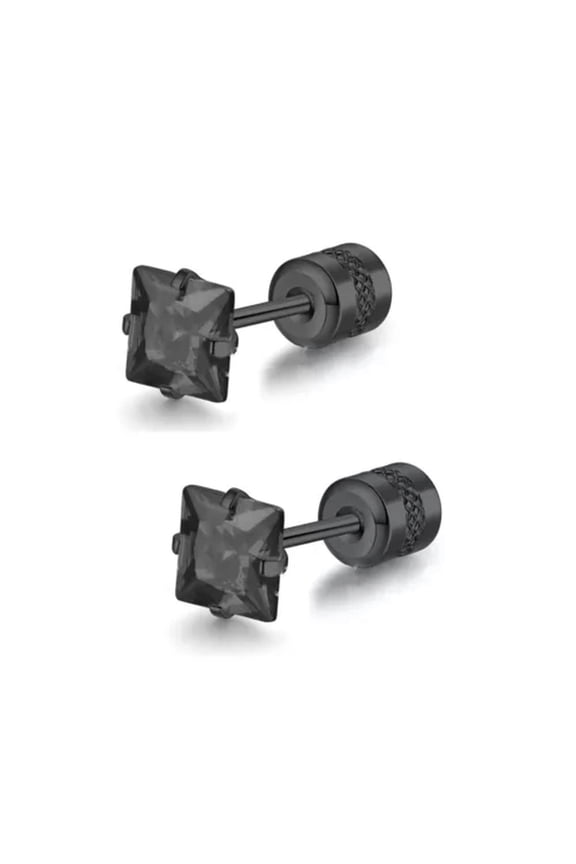 Black Square CZ Screw Back Ear Stud Surgical Steel Earrings For Women Men 2Pcs-5mm