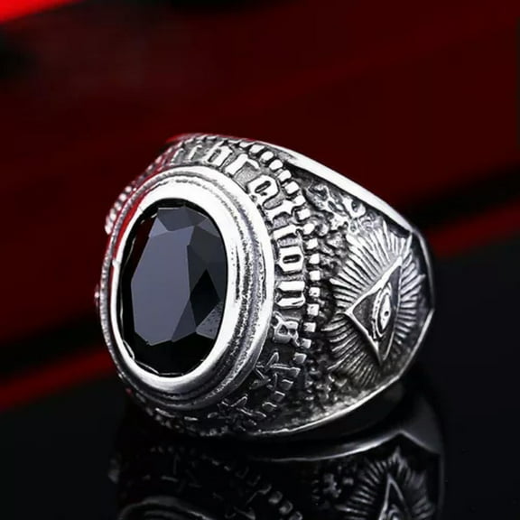 HOOUN Black Stone Masonic Eye Satan Ram Signet Ring Stainless Steel Vintage Biker Ring-7