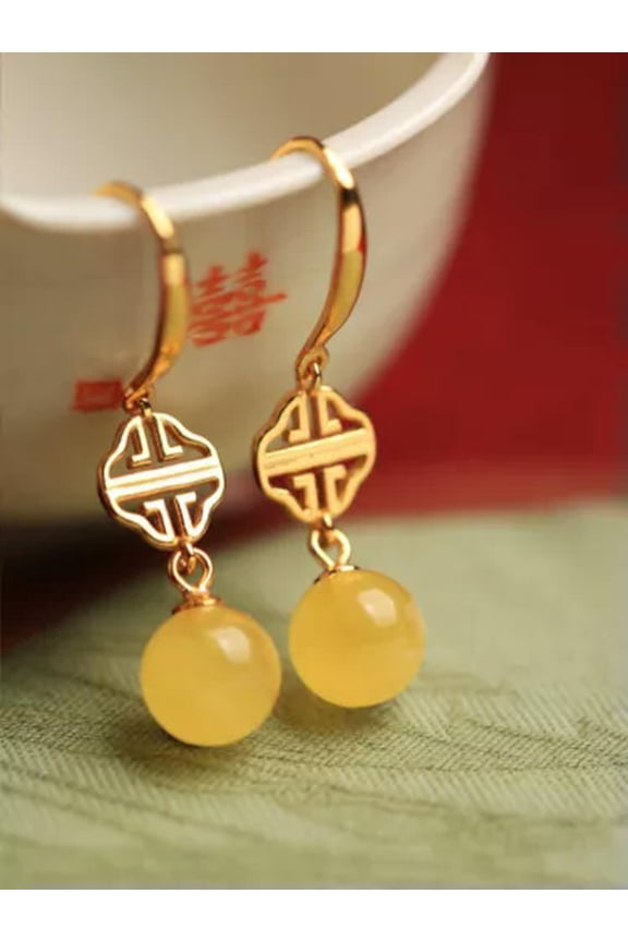 Blue Amber Beaded Earrings Charms Women Jewelry 925 Silver Natural Carved