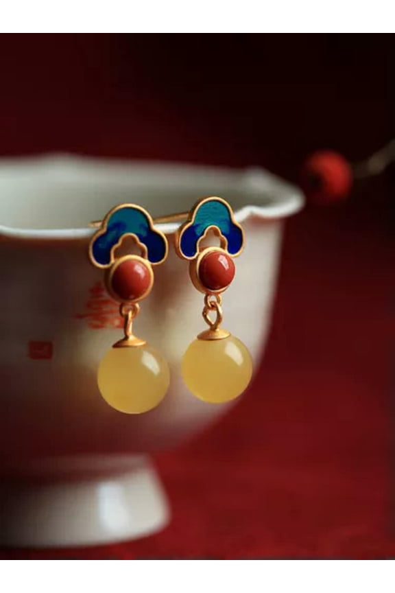 Blue Amber Beaded Earrings Ear Studs Jewelry Women Natural 925 Silver Fashion