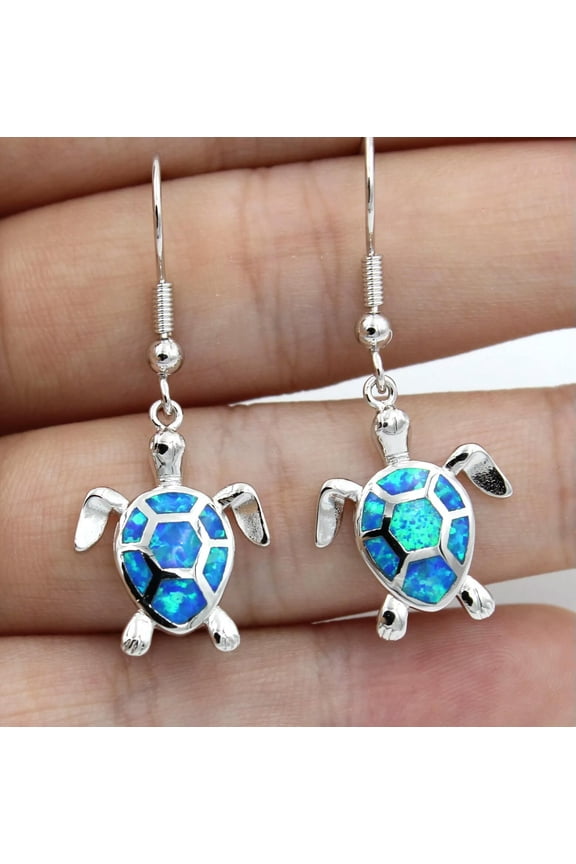 Blue Fire Opal Inlay Turtles Dangle earrings Hook 925 Sterling Silver Earrings