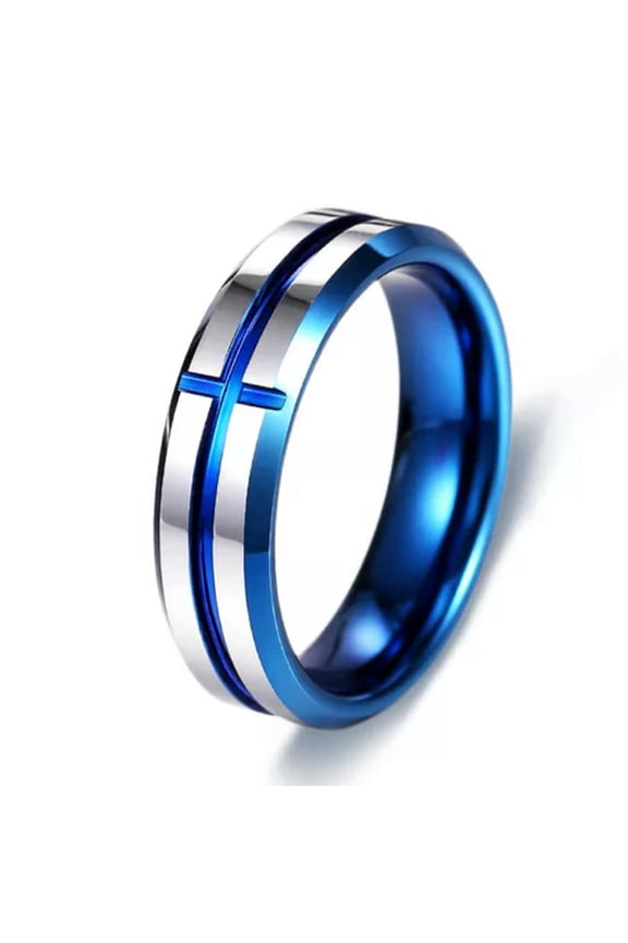 Blue Silver Cross Tungsten Carbide Wedding Band Men Women Promise Rings 6MM Wide-6