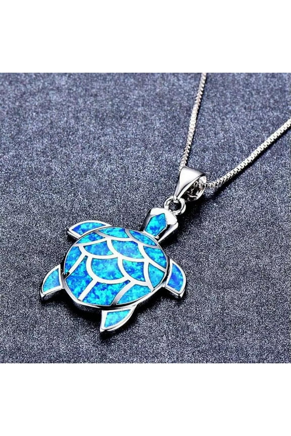 Blue Simulated Opal Sea Turtle Pendant Necklace Silver Plated Sweater Chain Gift