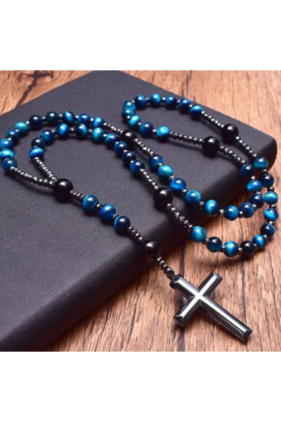 Blue Tiger's Eye Praying Beaded Catholic Christ Hematite Cross Pendant Necklace