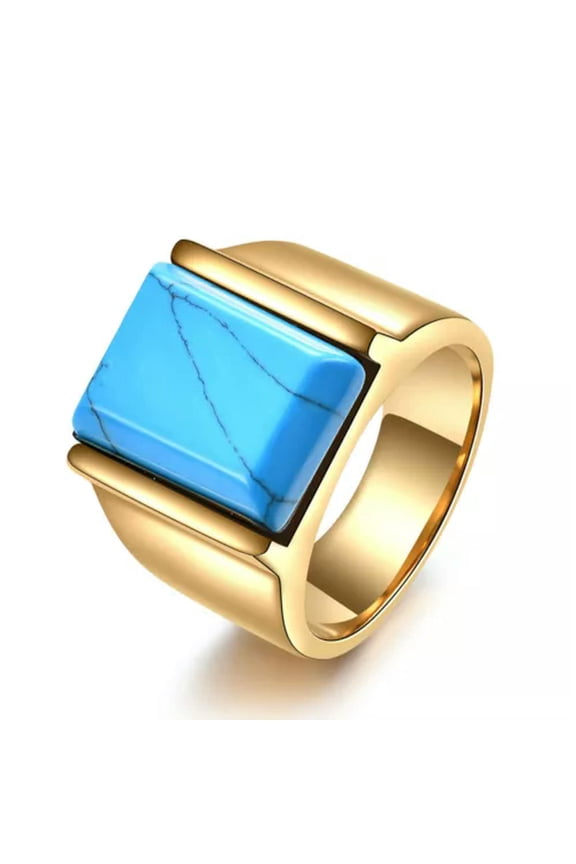 Blue Turquoise Wedding Ring Stainless Steel Gold Plated Men's Vintage Band Rings-7