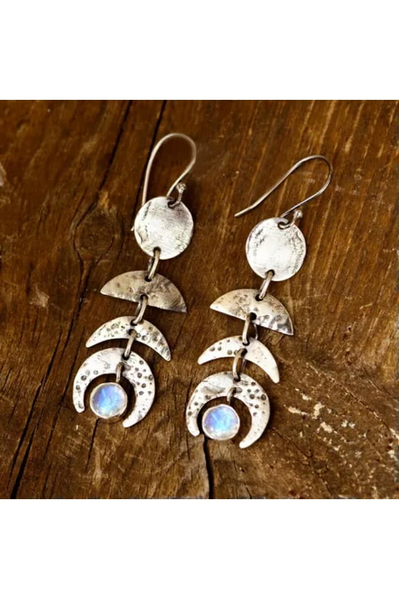 Bohemian Moon Phase Moonstone Earrings Fashion Women's Vintage Jewelry Gifts-Silver