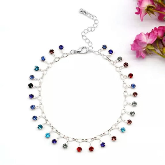 HOOUN Boho Ankle Bracelet Colourful Ball Bead Anklet Adjustable Turquoise Chain Foot-Silver