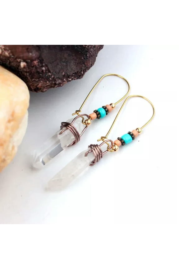 Boho Crystal Quartz Earrings Winding Chakra Drop Dangle Beads Geometric Jewelry-Clear
