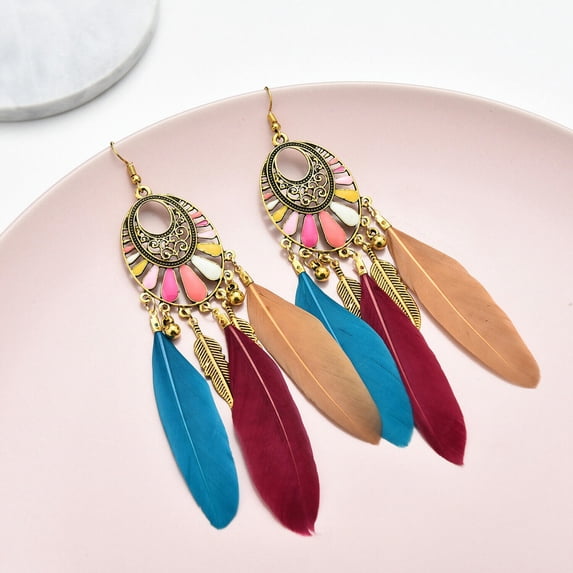 HOOUN Boho Feather Beaded Earrings Fringe Tassel Bohemian Ethnic Dangle Drop Handmade-Colorful