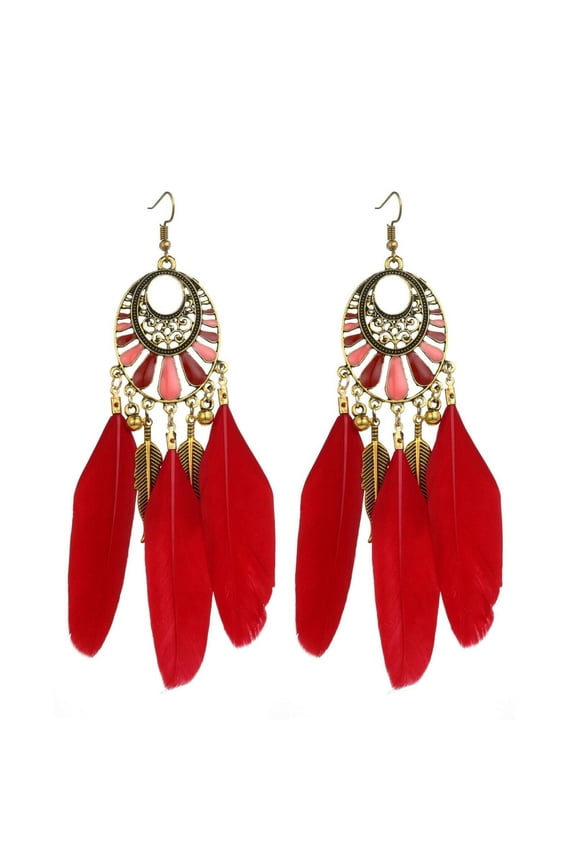 Boho Feather Beaded Earrings Fringe Tassel Bohemian Ethnic Dangle Drop Handmade-Red