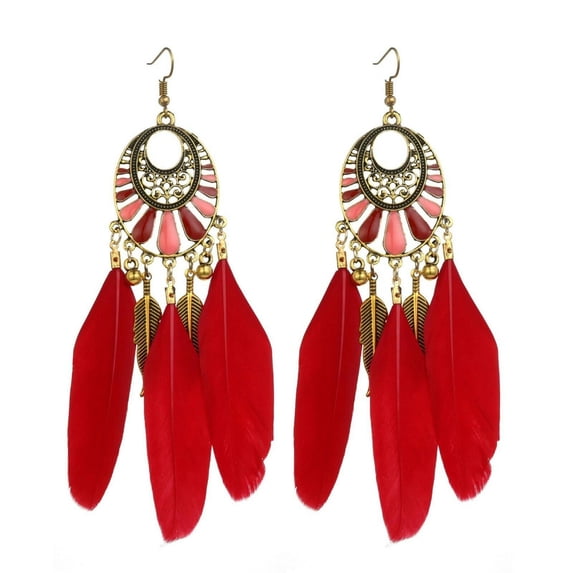 HOOUN Boho Feather Beaded Earrings Fringe Tassel Bohemian Ethnic Dangle Drop Handmade-Red