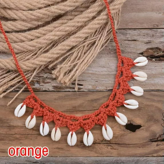 HOOUN Boho Handmade Braided Rope Natural Sea Shells Beads Beach Choker Necklace Gift-Orange