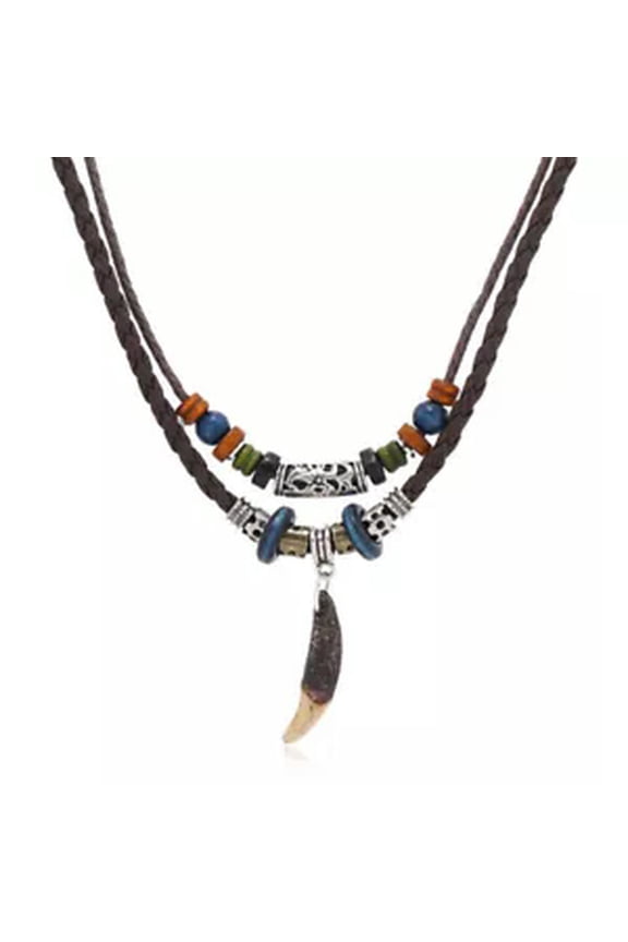 Boho PU Woven Necklace Leather Necklace Ethnic Style Multilayer Neck Strap Retro-coffee
