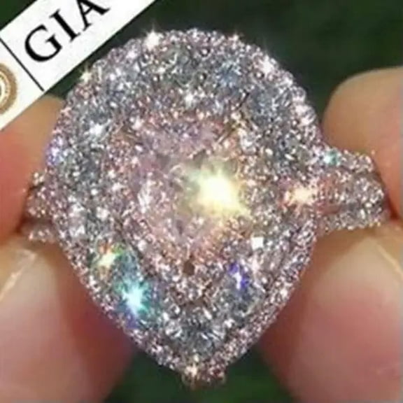 HOOUN Bride Wedding Jewelry 925 Silver Cut Teardrop Pink Crystal Zircon Ring for Women-01#-9