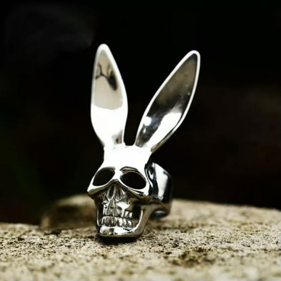 HOOUN Bunny Ears Skull Head Ring Stainless Steel Men's Gothic Rabbit Skull Biker Ring-9