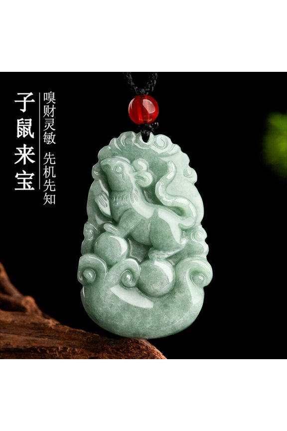 Burmese Jade Chinese Zodiac Pendant Natural Jadeite Jewelry Necklace Green-Mouse