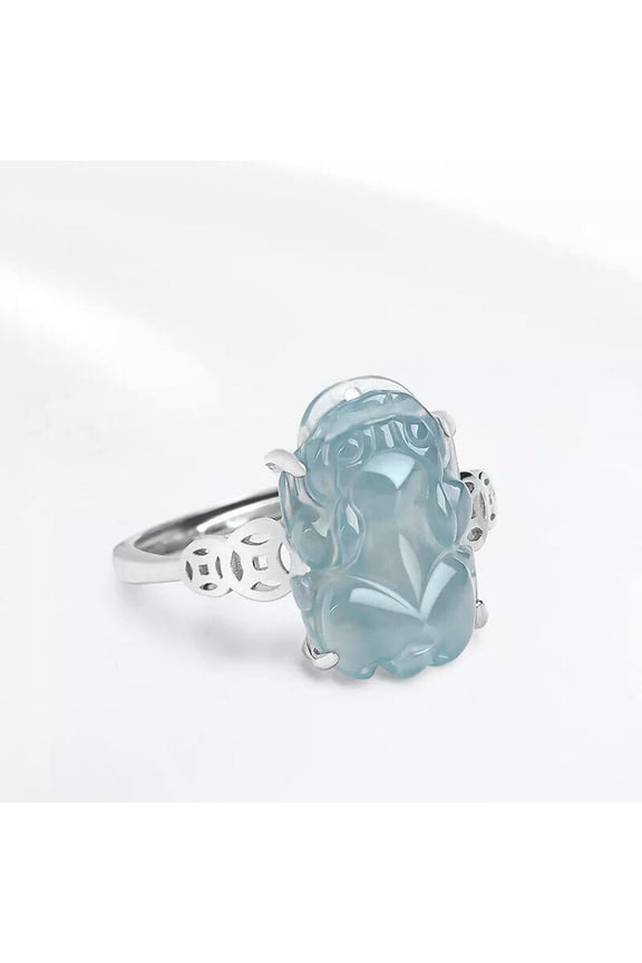 Burmese Jade PiXu Rings 925 Silver Women Carve Jadeite Natural Blue Jewelry