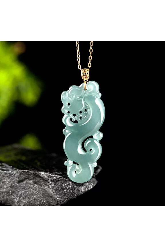 Burmese Jadeite Dragon Pendant Jade Necklace Blue 925 Silver Natural Emerald