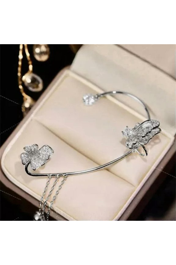 Butterfly Tassel Style Zircon Earrings Clip Non Piercing Wrap Jewelry Earring-Silver-Right ear