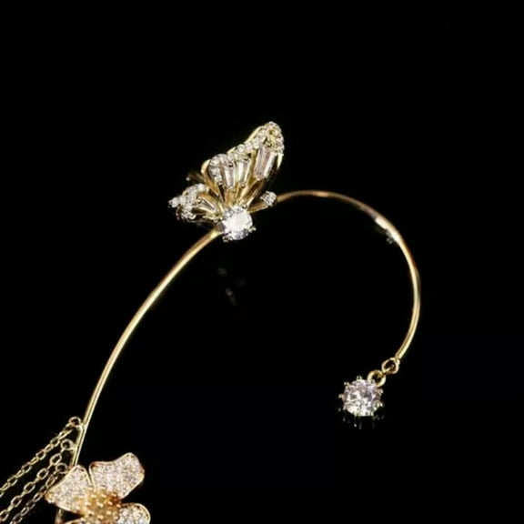 HOOUN Butterfly Tassel Style Zircon Earrings Clip Non Piercing Wrap Jewelry Earring-a pair-Golden