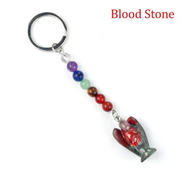 HOOUN Carved Angel Wing Keychain Chakra Crystal Gemstone Reiki Healing Peace Pendant-1 PC (Random Pick)-Blood Stone