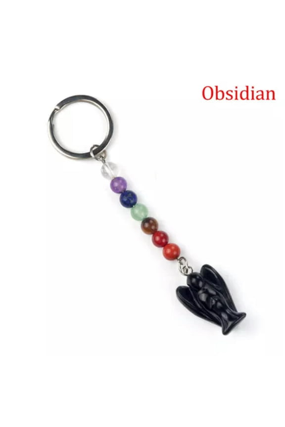 Carved Angel Wing Keychain Chakra Crystal Gemstone Reiki Healing Peace Pendant-1 PC (Random Pick)-Obsidian