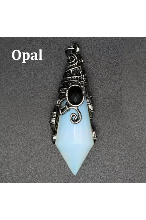 Chakra Cone Hexagonal Pendant Natural Crystal Wizard Hat Stone Point Pendulum-Opal (Silver)