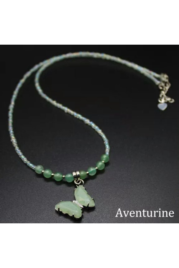 Chakra Crystal Beads Butterfly Pendant Necklace Natural Quartz Chain Reiki Gifts-Aventurine-1PC (Random Pick)