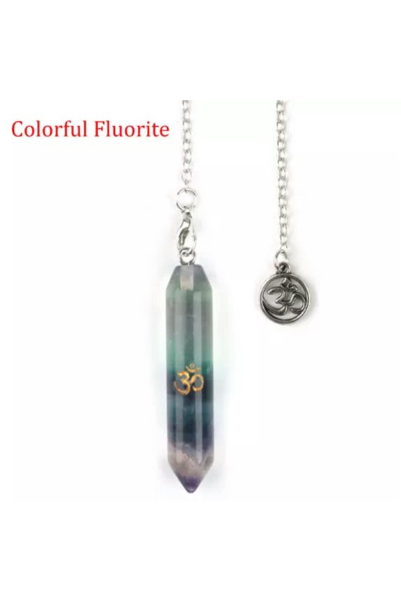 Chakra Crystal Pendulum Pendant Chain Runes Yoga Symbol Hexagonal Column Point-Colorful Fluorite-1 PC (Random Pick)
