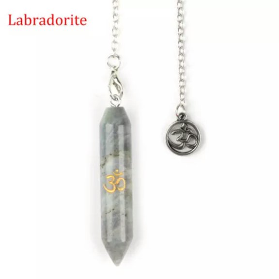 HOOUN Chakra Crystal Pendulum Pendant Chain Runes Yoga Symbol Hexagonal Column Point-Labradorite-1 PC (Random Pick)