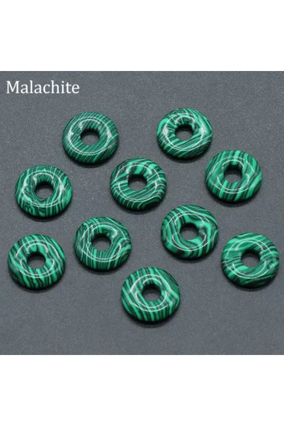 Chakra Natural 18mm Doughnut Pendant Crystal Carved Stone Amulet DIY Necklaces-Malachite-Only 1PC (Random Pick)