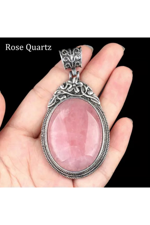 Chakra Oval Crystal Pendant Beads Inlaid Gemstone for Necklace DIY Jewelry Gifts-Rose Quartz-1PC (Random Pick)