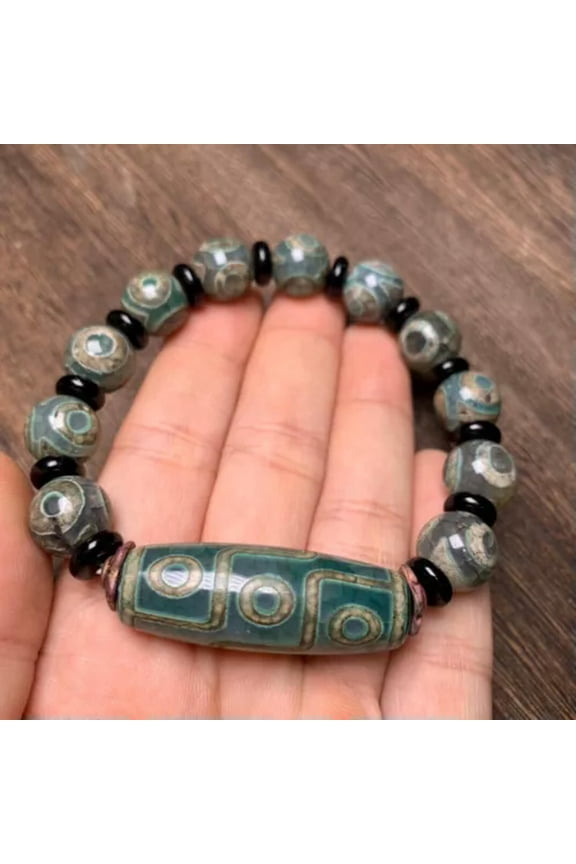 China Tibet Natural Agate Nine Eyes Dzi +Three eyes Elastic Auspicious Bracelet