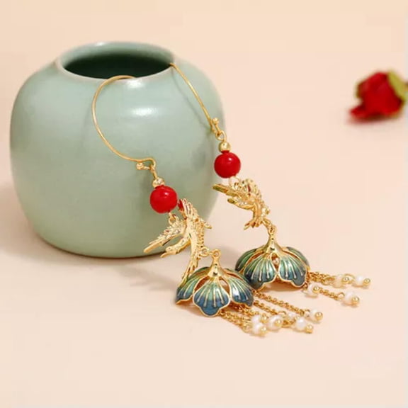 HOOUN Chinese 18K Gold Plated Earrings Freshwater Pearl Cloisonne Tassel Eardrop Retro