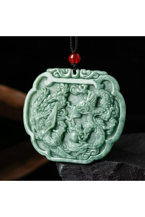 Chinese Natural Emerald Dragon Phoenix Jade Pendant Couple Necklace